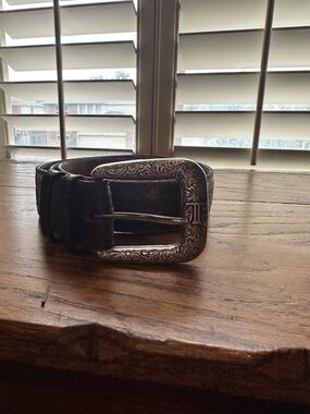 Lucchese Men's Brown Leather Western Belt – Size 38 – Engraved Silver Buckle